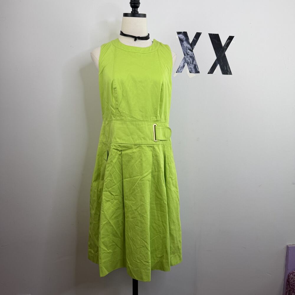 Carlisle Lime Green Cotton Drop-Waist Mini Dress Gold Buckle Pleated Mod 8